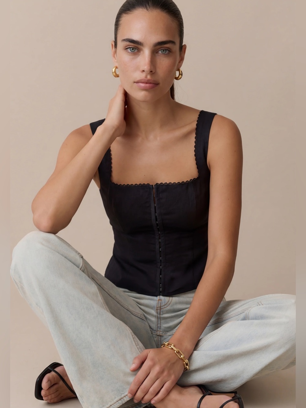 Few Moda Black Linen Hook & Eye Corset Tank Top Size 0 XS NWT